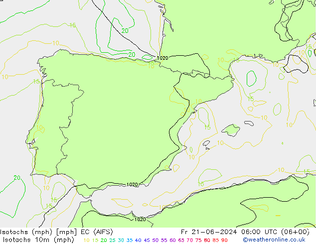 Eşrüzgar Hızları mph EC (AIFS) Cu 21.06.2024 06 UTC