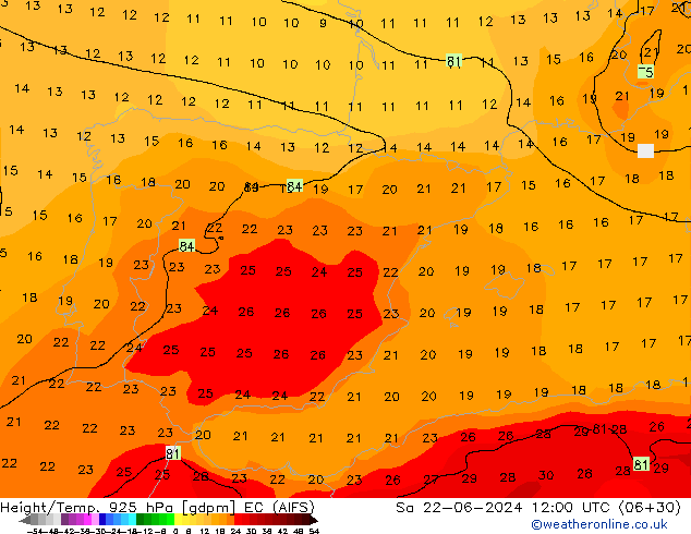 Height/Temp. 925 hPa EC (AIFS) So 22.06.2024 12 UTC