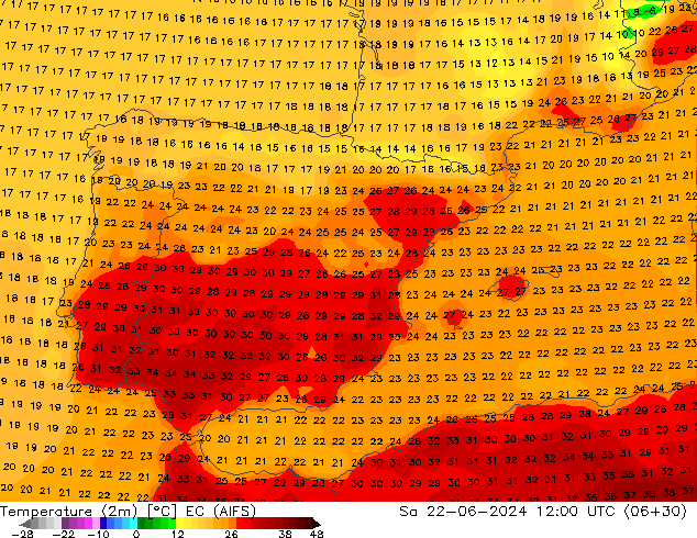 Temperature (2m) EC (AIFS) Sa 22.06.2024 12 UTC