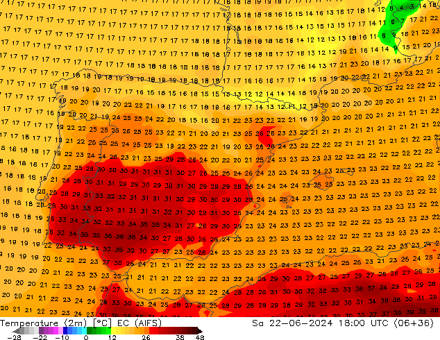 карта температуры EC (AIFS) сб 22.06.2024 18 UTC