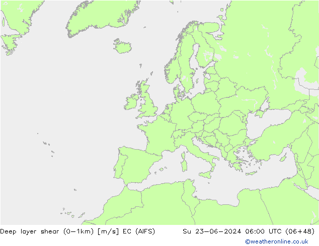 Deep layer shear (0-1km) EC (AIFS) zo 23.06.2024 06 UTC