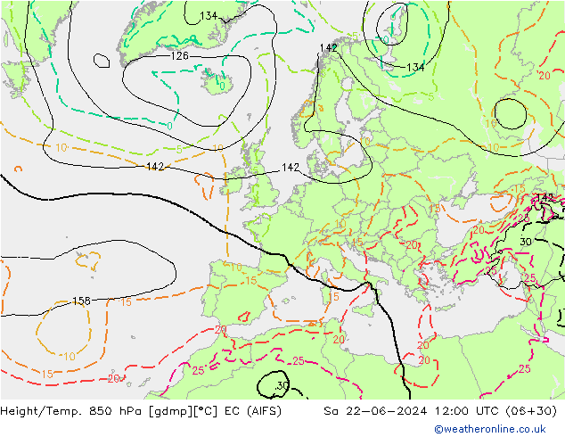 Height/Temp. 850 hPa EC (AIFS) so. 22.06.2024 12 UTC