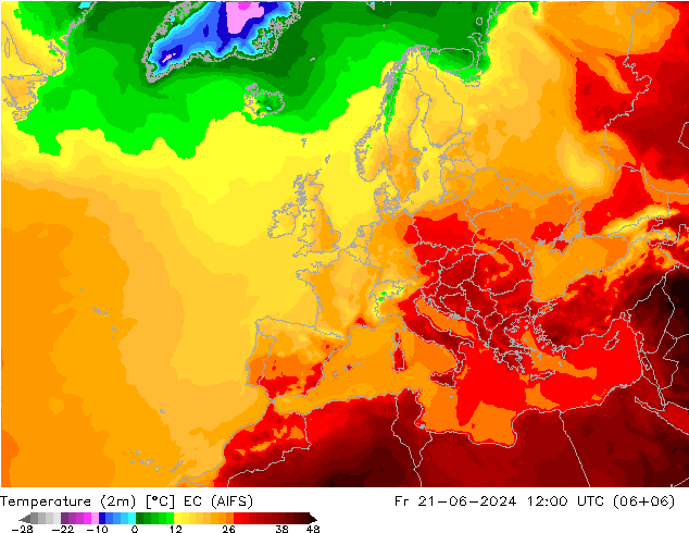 Temperatuurkaart (2m) EC (AIFS) vr 21.06.2024 12 UTC