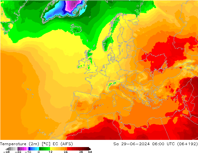 Temperature (2m) EC (AIFS) Sa 29.06.2024 06 UTC