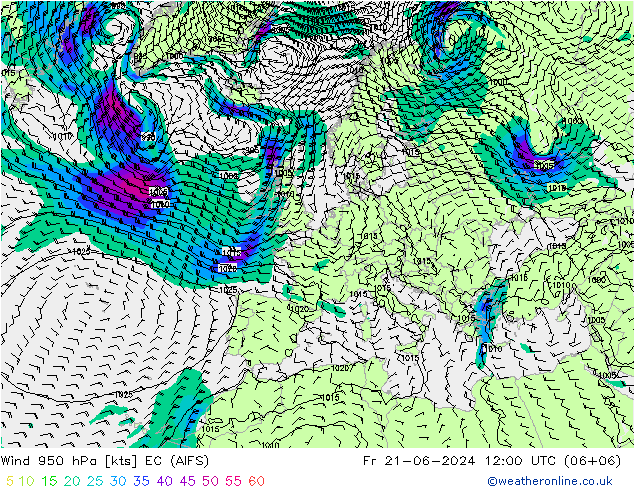 Wind 950 hPa EC (AIFS) vr 21.06.2024 12 UTC