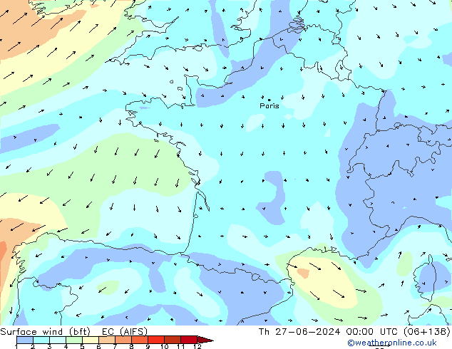 Surface wind (bft) EC (AIFS) Th 27.06.2024 00 UTC