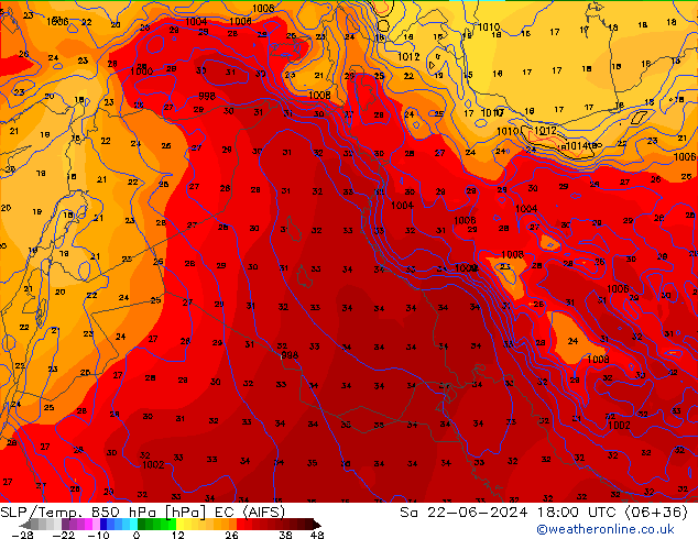 SLP/Temp. 850 гПа EC (AIFS) сб 22.06.2024 18 UTC