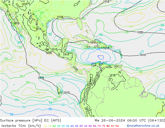 Izotacha (km/godz) EC (AIFS) śro. 26.06.2024 06 UTC