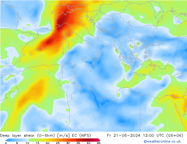 Deep layer shear (0-6km) EC (AIFS) Fr 21.06.2024 12 UTC