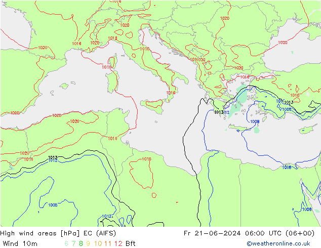 High wind areas EC (AIFS) Fr 21.06.2024 06 UTC