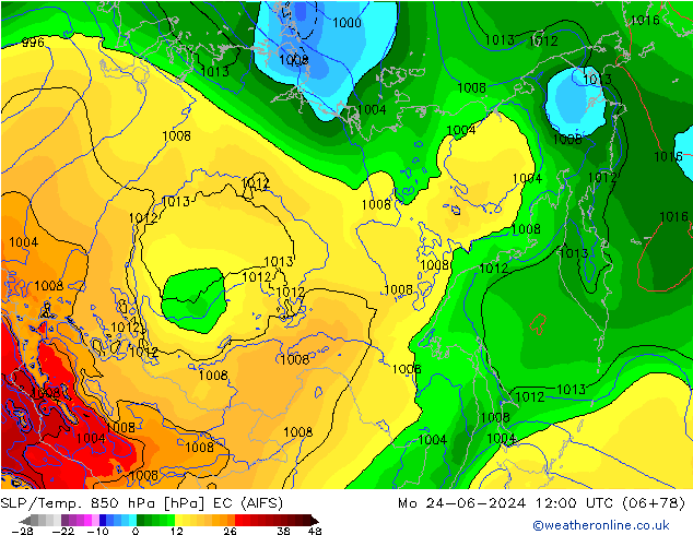 850 hPa Yer Bas./Sıc EC (AIFS) Pzt 24.06.2024 12 UTC