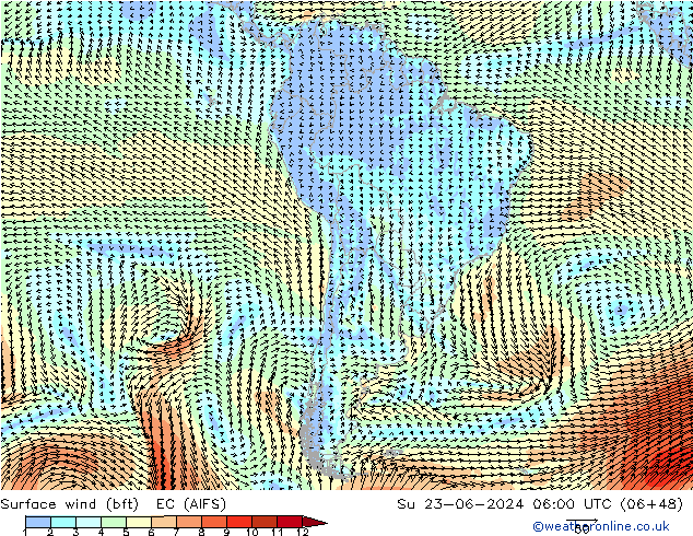 Surface wind (bft) EC (AIFS) Su 23.06.2024 06 UTC