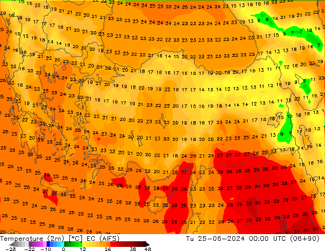 Temperatura (2m) EC (AIFS) mar 25.06.2024 00 UTC