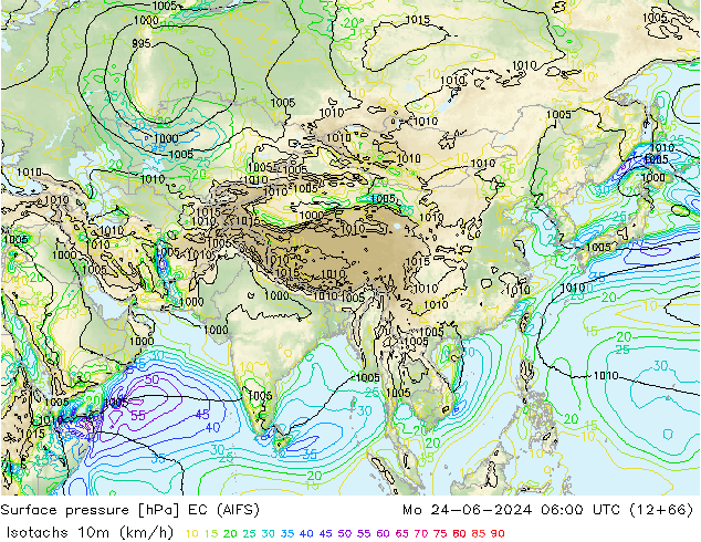 Isotachs (kph) EC (AIFS)  24.06.2024 06 UTC