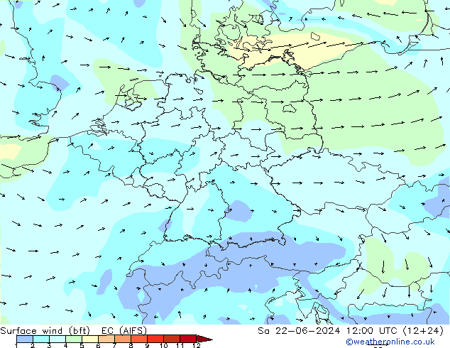 Surface wind (bft) EC (AIFS) Sa 22.06.2024 12 UTC