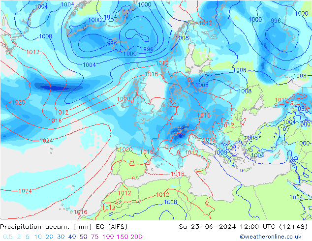 Precipitation accum. EC (AIFS) Dom 23.06.2024 12 UTC