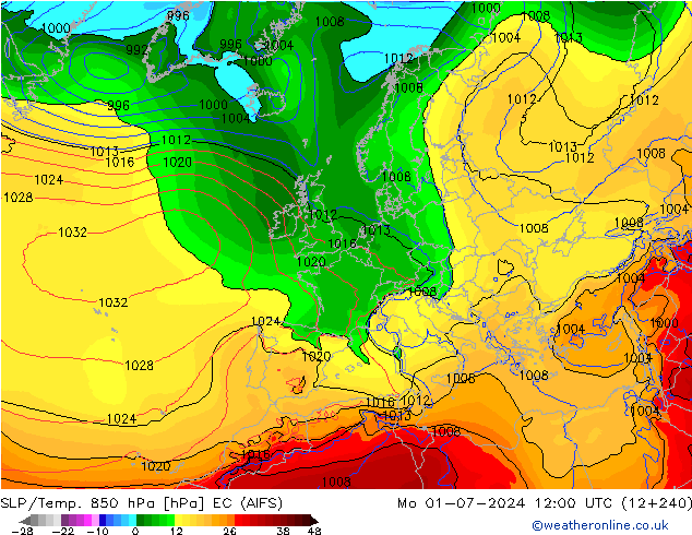 SLP/Temp. 850 hPa EC (AIFS) Seg 01.07.2024 12 UTC