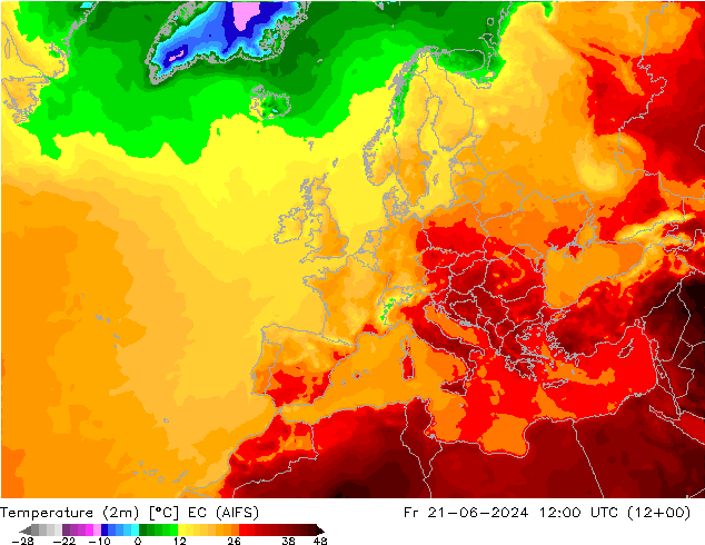 Temperature (2m) EC (AIFS) Fr 21.06.2024 12 UTC