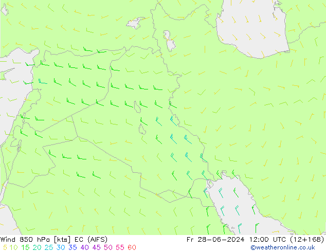 Viento 850 hPa EC (AIFS) vie 28.06.2024 12 UTC