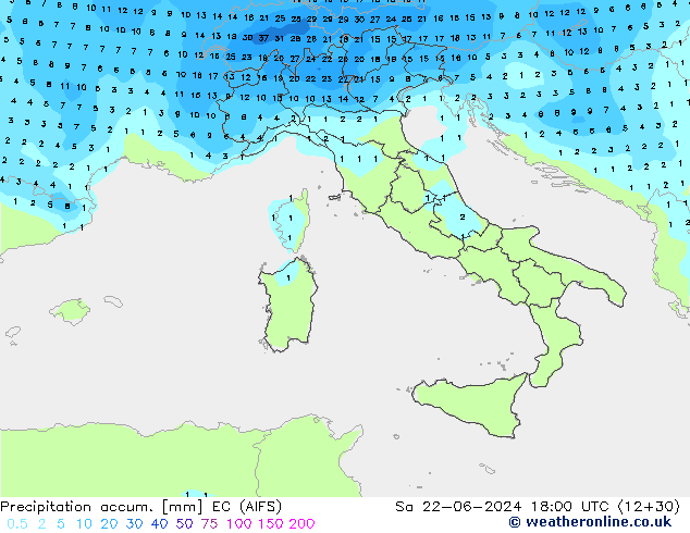 Precipitation accum. EC (AIFS) Sa 22.06.2024 18 UTC