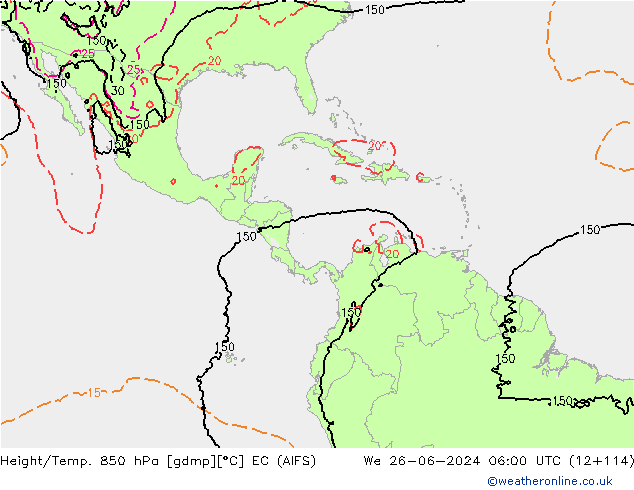 Yükseklik/Sıc. 850 hPa EC (AIFS) Çar 26.06.2024 06 UTC