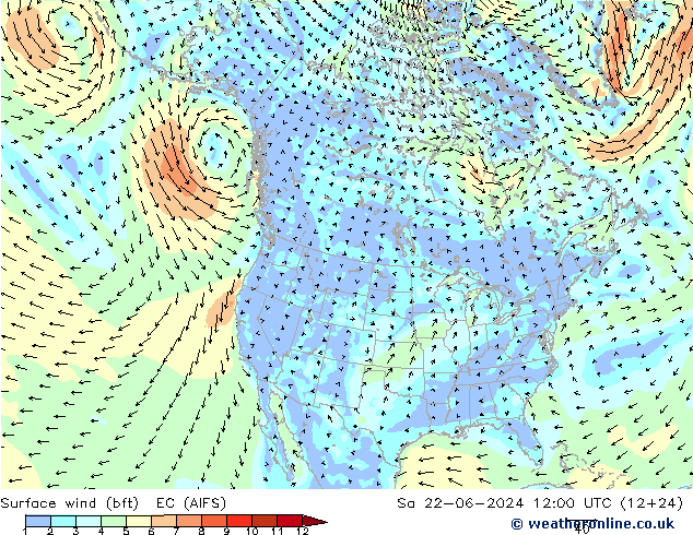 Surface wind (bft) EC (AIFS) Sa 22.06.2024 12 UTC