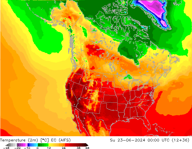 mapa temperatury (2m) EC (AIFS) nie. 23.06.2024 00 UTC