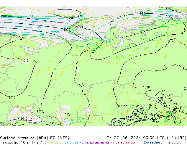 Isotachs (kph) EC (AIFS) Th 27.06.2024 00 UTC