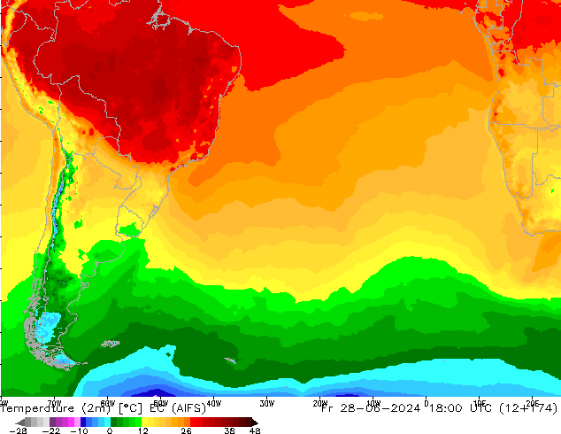 Temperature (2m) EC (AIFS) Fr 28.06.2024 18 UTC