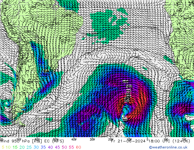 wiatr 950 hPa EC (AIFS) pt. 21.06.2024 18 UTC