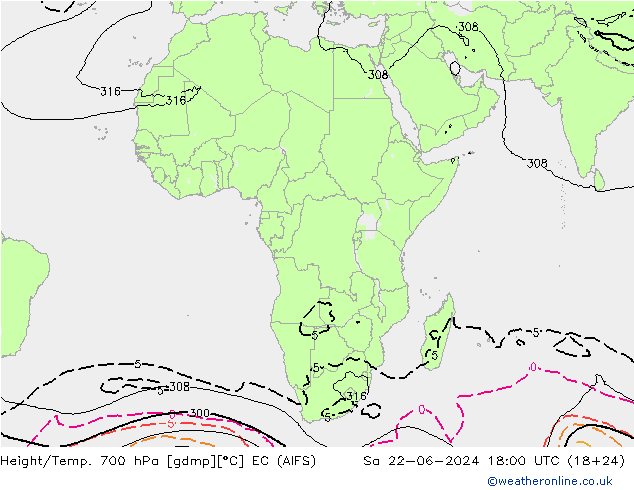 Height/Temp. 700 hPa EC (AIFS) so. 22.06.2024 18 UTC