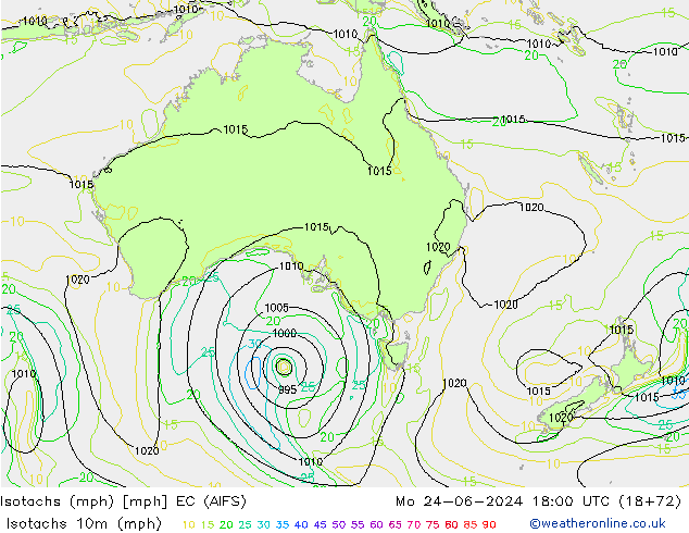 Isotachs (mph) EC (AIFS) Mo 24.06.2024 18 UTC