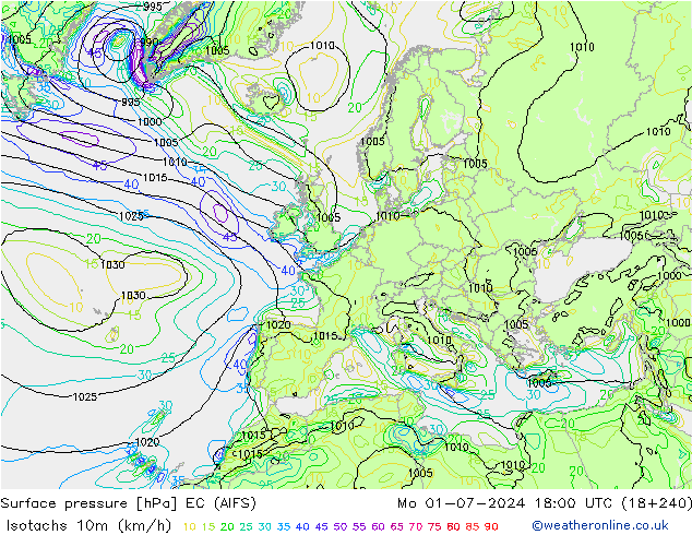 Isotachen (km/h) EC (AIFS) Mo 01.07.2024 18 UTC