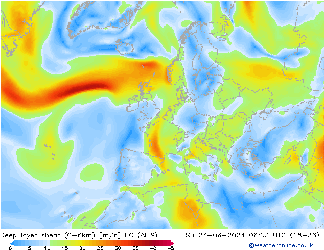 Deep layer shear (0-6km) EC (AIFS) Su 23.06.2024 06 UTC