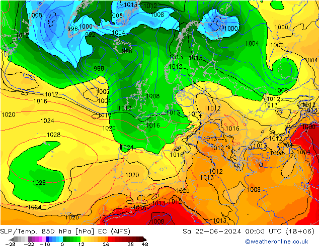 SLP/Temp. 850 hPa EC (AIFS) Sa 22.06.2024 00 UTC