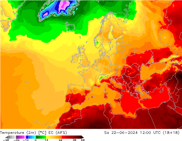 Temperature (2m) EC (AIFS) Sa 22.06.2024 12 UTC