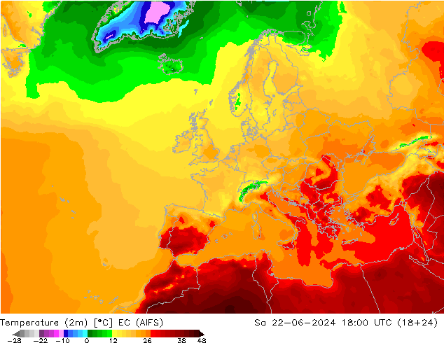 Temperature (2m) EC (AIFS) Sa 22.06.2024 18 UTC