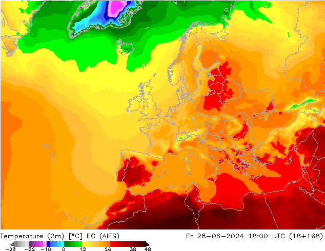 Temperature (2m) EC (AIFS) Fr 28.06.2024 18 UTC