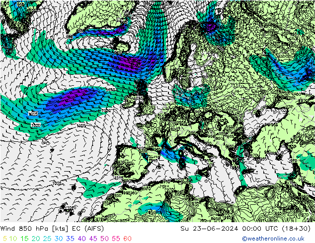 Vento 850 hPa EC (AIFS) Dom 23.06.2024 00 UTC