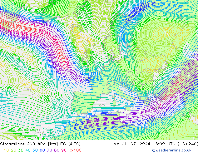 Stroomlijn 200 hPa EC (AIFS) ma 01.07.2024 18 UTC