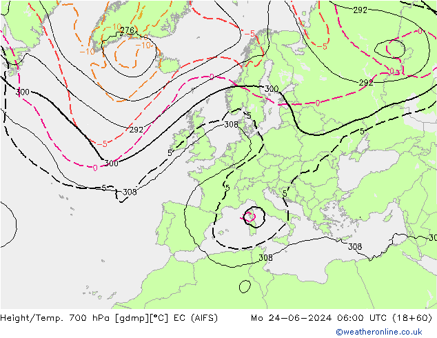 Height/Temp. 700 hPa EC (AIFS) Mo 24.06.2024 06 UTC