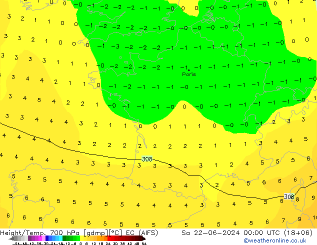 Hoogte/Temp. 700 hPa EC (AIFS) za 22.06.2024 00 UTC