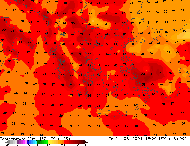 Temperature (2m) EC (AIFS) Fr 21.06.2024 18 UTC