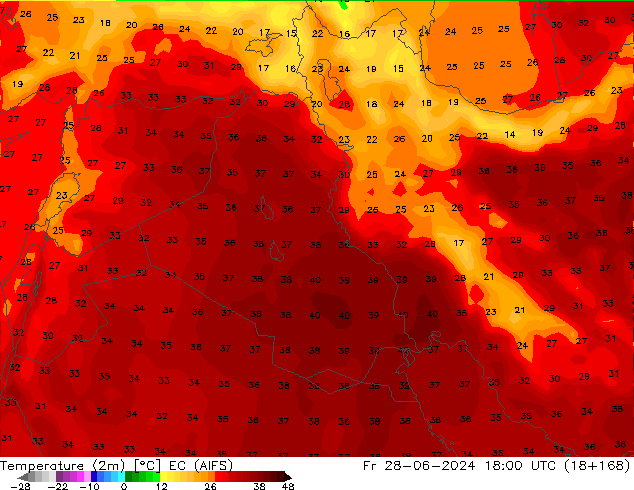 mapa temperatury (2m) EC (AIFS) pt. 28.06.2024 18 UTC
