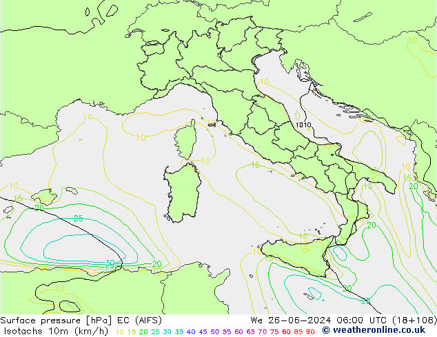 Isotachs (kph) EC (AIFS) We 26.06.2024 06 UTC