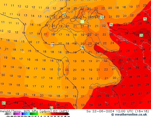 Height/Temp. 925 hPa EC (AIFS) So 22.06.2024 12 UTC