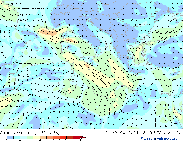 Rüzgar 10 m (bft) EC (AIFS) Cts 29.06.2024 18 UTC