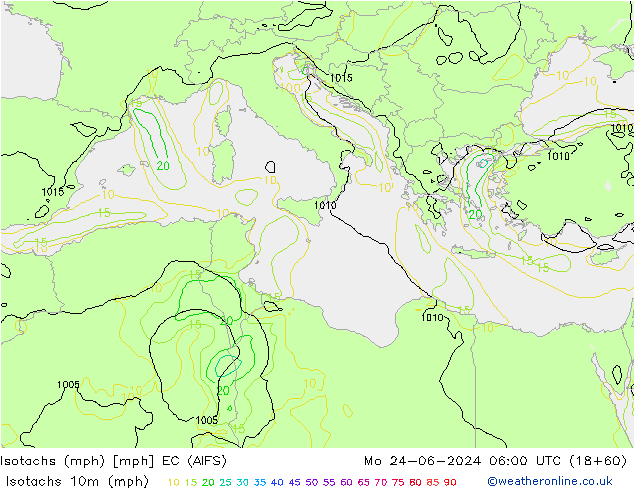 Isotachs (mph) EC (AIFS) Mo 24.06.2024 06 UTC