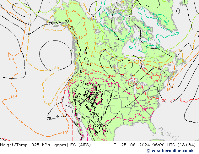 Yükseklik/Sıc. 925 hPa EC (AIFS) Sa 25.06.2024 06 UTC