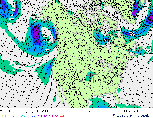 风 950 hPa EC (AIFS) 星期六 22.06.2024 00 UTC